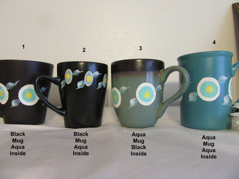 Cups Mugs Hand Painted HAPPY DOT Design Aqua Black White and Yellow Flowers {{ JAMsCraftCloset }}