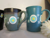 Cups Mugs Hand Painted HAPPY DOT Design Aqua Black White and Yellow Flowers {{ JAMsCraftCloset }}