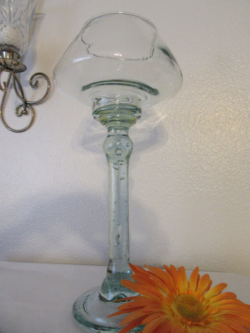 Candle Holder Pillar Vintage Pale Green Clear Glass Hand Blown With Bubbles - JAMsCraftCloset