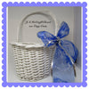 Basket Flower Girl Wedding Table Decor Vintage White Wicker Flat Backed Blue Bow Silver Snowflakes {{ JAMsCraftCloset }}