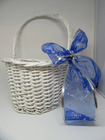 Basket Flower Girl Wedding Table Decor Vintage White Wicker Flat Backed Blue Bow Silver Snowflakes {{ JAMsCraftCloset }}