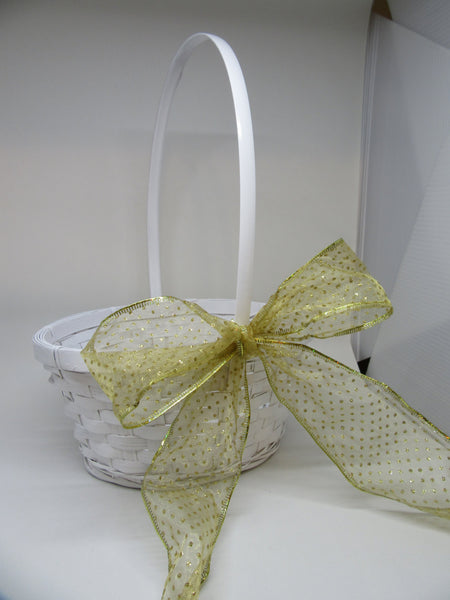 Basket Flower Girl White Woven Gold Polka Dotted Bow Wedding Accessory Table Decor {{ JAMsCraftCloset }}