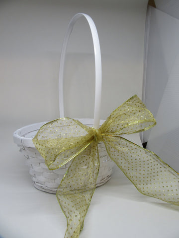 Basket Flower Girl White Woven Gold Polka Dotted Bow Wedding Accessory Table Decor {{ JAMsCraftCloset }}