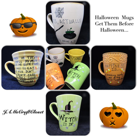 Mugs Cups Halloween Hand Painted Drive a Stick Smell My Feet Sneaking Candy Witch is In {{ JAMsCraftCloset }}
