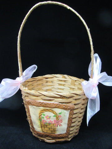 Basket Flower Girl Wedding Table Decor Vintage Natural Woven Applique Pale Pink Bows {{ JAMsCraftCloset }}