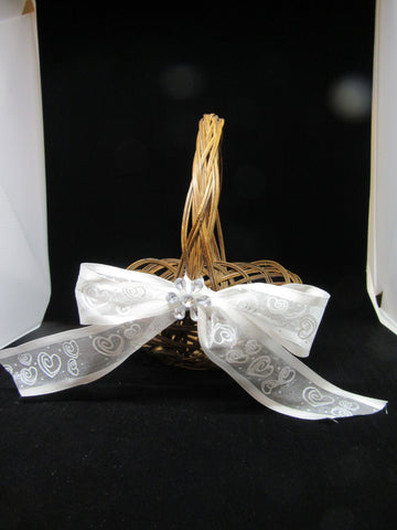 Basket Flower Girl Wedding Accessory Table Decor Vintage Natural Woven White Bow With Hearts {{ JAMsCraftCloset }}