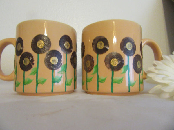 Mugs Coffee Hand Painted HAPPY DOT Floral Design Peach Mug Brown Gold Flowers {{ JAMsCraftCloset }}