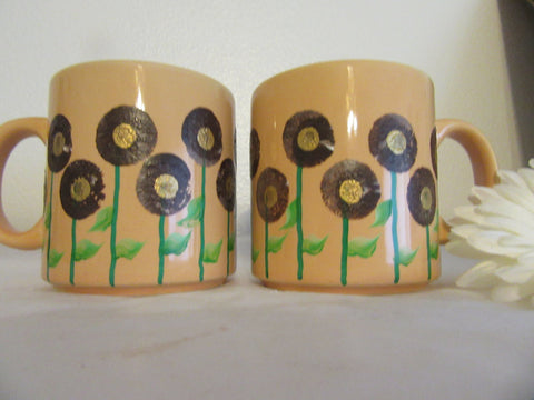 Mugs Coffee Hand Painted HAPPY DOT Floral Design Peach Mug Brown Gold Flowers {{ JAMsCraftCloset }}