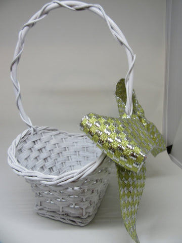 Basket Flower Girl Wedding Accessory Table Decor White Vintage Woven With Huge Gold and Silver Bow {{ JAMsCraftCloset }}