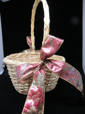 Basket Flower Girl Vintage Round Natural Woven Wedding Table Decor Rose Green Bows {{ JAMsCraftCloset }}