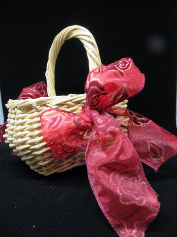Basket Flower Girl Wedding Table Decor Vintage Small Rectangle Natural Wicker Red Gold Bows {{ JAMsCraftCloset }}