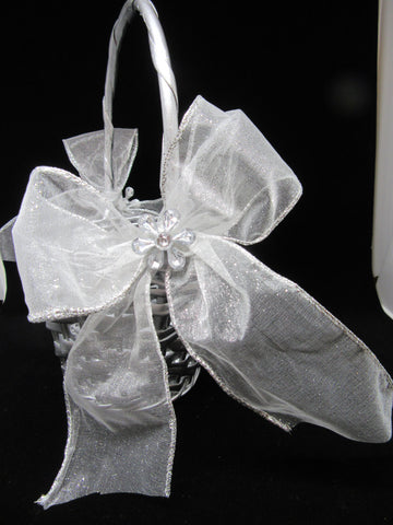 Basket Flower Girl Vintage Wedding Table Decor Round Silver Woven Weave on Handle White Bows {{ JAMsCraftCloset }}