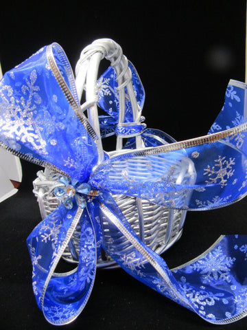 Basket Flower Girl Wedding Table Decor Vintage Round Silver Wicker Blue Snowflake Bows {{ JAMsCraftCloset }}