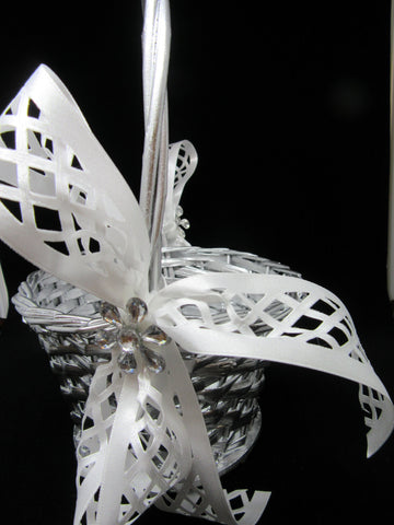 Basket Flower Girl Vintage Silver Woven White Lattice Ribbon Bows Crystal Bling Flower Accents {{ JAMsCraftCloset }}