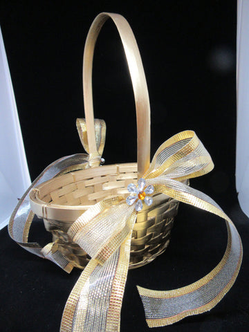 Basket Flower Girl Wedding Table Decor Vintage Gold Oval Woven Gold Crystal Bling Flower {{ JAMsCraftCloset }}