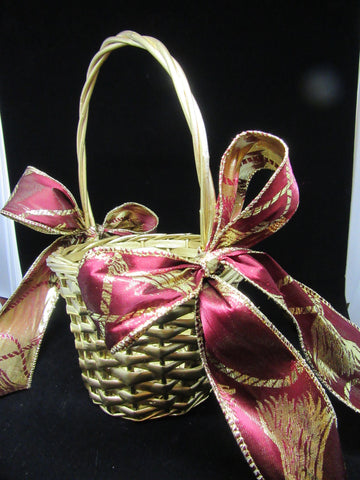 Basket Flower Girl Vintage Round Gold Burgundy and Gold Bow Wedding Accessory Table Decor {{ JAMsCraftCloset }}