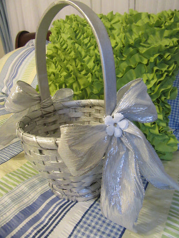 Basket Flower Girl Vintage Silver Woven Basket Silver Bows White Flower Wedding Table Decor {{ JAMsCraftCloset }}