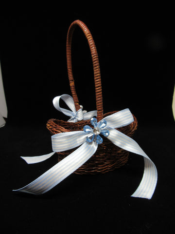 Basket TINY 7 by 4 3/4 by 3 1/2 Flower Girl Natural Vintage Blue Bow and Bling Accent {{ JAMsCraftCloset }}