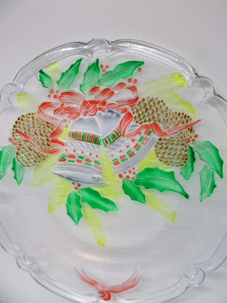 Serving Platter or Plate Hand Painted Round Christmas Bells Pine Cones - JAMsCraftCloset