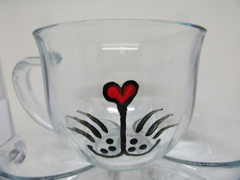 Mug Kitty Cat Hand Painted Clear Glass With Heart on Handle Gift for Child {{ JAMsCraftCloset }}