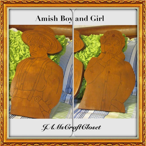 Wall Art Amish Boy Girl Handmade Hand Painted Vintage Wooden Folk Art - JAMsCraftCloset