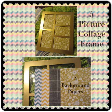 Collage Frame 5 Photo Gold Wooden Vintage 4 Background Papers Shelf Sitter Wall Art - JAMsCraftCloset