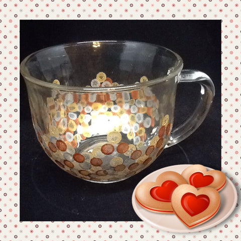 Mug Coffee Soup Clear Glass Mug Hand Painted Gold Silver Bronze HAPPY DOTS {{ JAMsCraftCloset }}