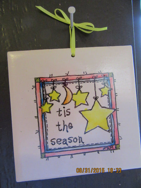Wall Art Hand Painted Ceramic Tiles Christmas 4 by 4 and 3 by 6 Inch Folk Art Pen and Ink {{ JAMsCraftCloset }}