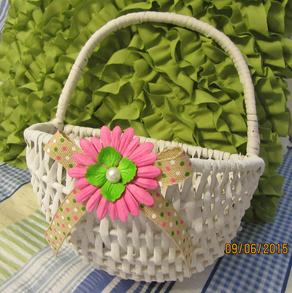 Basket Flower Girl White Wicker Wall Hanging Basket With A Burlap Bow Wedding Accessory Table Decor {{ JAMsCraftCloset }}