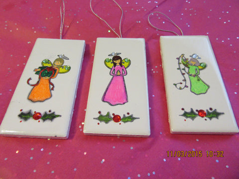 Ornaments NEON Angels Ceramic Tile Christmas Set of 3 Orange Pink Green Angels {{ JAMsCraftCloset }}