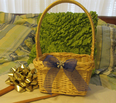 Basket Flower Girl Wicker Rectangle Natural Wicker Blue Gauze Bow {{ JAMsCraftCloset }}
