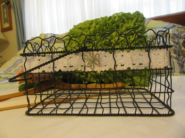 Basket Wire Rectangle Black With White Lace Trim and Crystal Flower Accents {{ JAMsCraftCloset }}