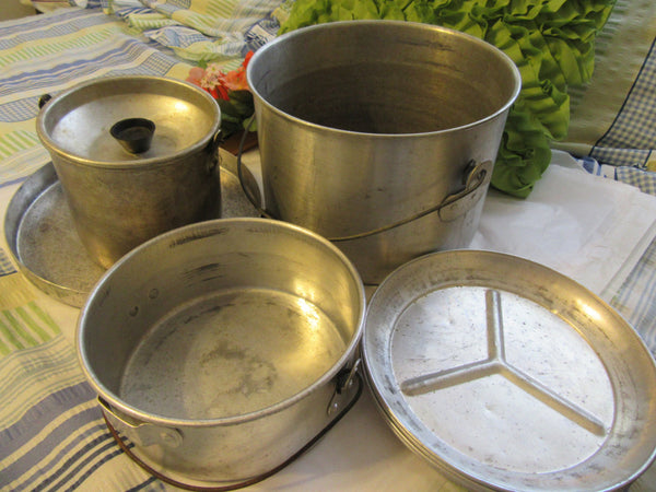 Vintage Aluminum Camp Cook Set, Nesting Cookware, 7 Piece Travel