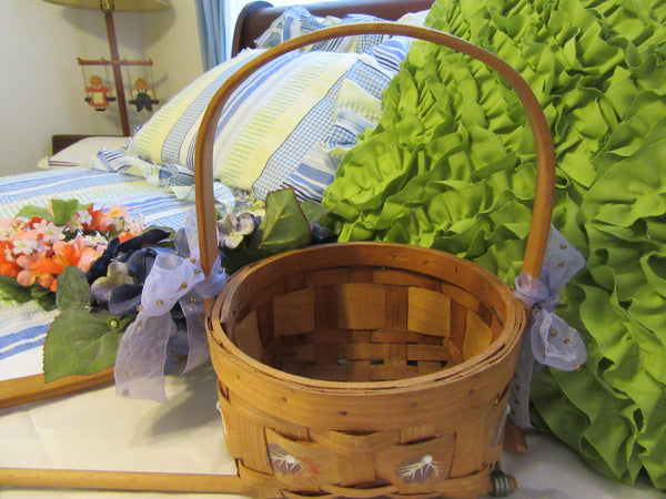 Flower Girl Basket Round Woven With Hand Painted Purple Orange Leaves Bling and Purple Bows {{ JAMsCraftCloset }}
