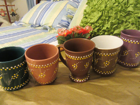 Mugs Cups Hand Painted Dotted Dark Green Pale Rust Tan Brown or Purple With Yellow White Dot Flowers {{ JAMsCraftCloset }}