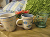 Mugs Cups Coffee Blues Hand Painted Off White Blue Gold White HAPPY DOT Flowers Green Glass {{ JAMsCraftCloset }}