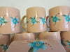 Mugs Cups Hand Painted Peach Set of 4 Turquoise and White Stippled Flowers {{ JAMsCraftCloset }}