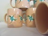 Mugs Cups Hand Painted Peach Set of 4 Turquoise and White Stippled Flowers {{ JAMsCraftCloset }}