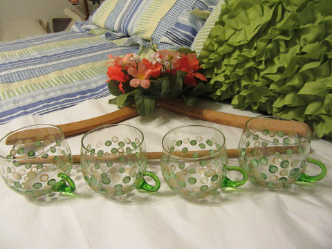 Cups Tea Punch Green Handles Vintage Hand Painted SMALL Clear Glass Set of 4 Green Gold HAPPY DOTS {{ JAMsCraftCloset }}