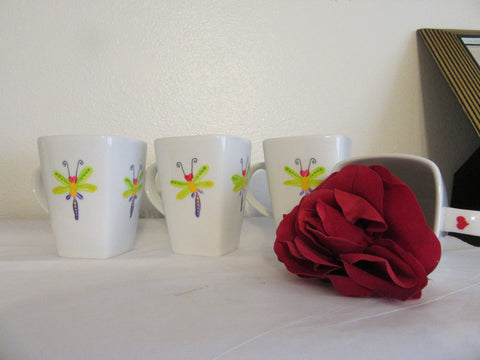 Cups Mugs Coffee Hand Painted Dragonfly Design Set of 4 {{ JAMsCraftCloset }}
