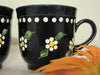 Cups Mugs Coffee Hand Painted Black Mug Tan Inside White Daisy Dot Flowers SET of 2 {{ JAMsCraftCloset }}