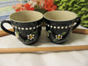 Cups Mugs Coffee Hand Painted Black Mug Tan Inside White Daisy Dot Flowers SET of 2 {{ JAMsCraftCloset }}