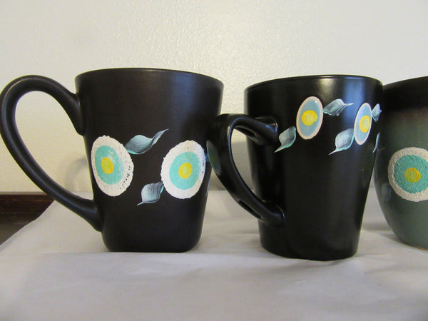 Cups Mugs Hand Painted HAPPY DOT Design Aqua Black White and Yellow Flowers {{ JAMsCraftCloset }}
