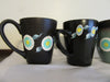Cups Mugs Hand Painted HAPPY DOT Design Aqua Black White and Yellow Flowers {{ JAMsCraftCloset }}