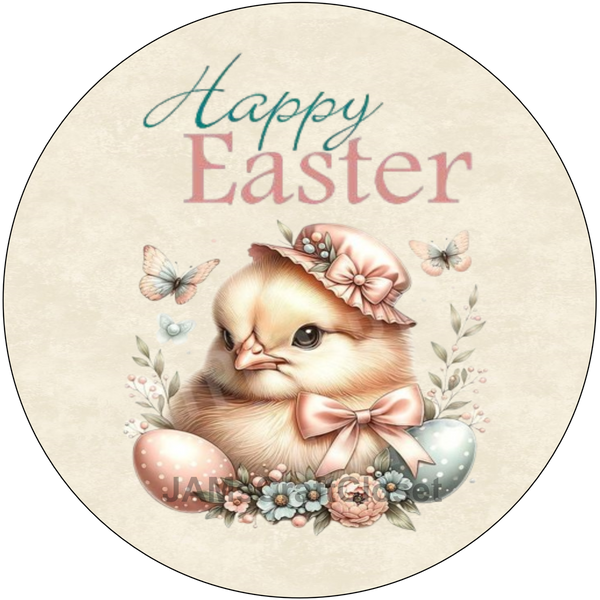 ROUND DIGITAL Graphic Design CHICK WITH HAT AND BUTTERFLIES - HAPPY EASTER Sublimation PNG SVG Country Farmhouse Home Decor Sign Shelf Sitter Wall Art Decor Wreath EASTER Design Gift Crafters Delight - JAMsCraftCloset