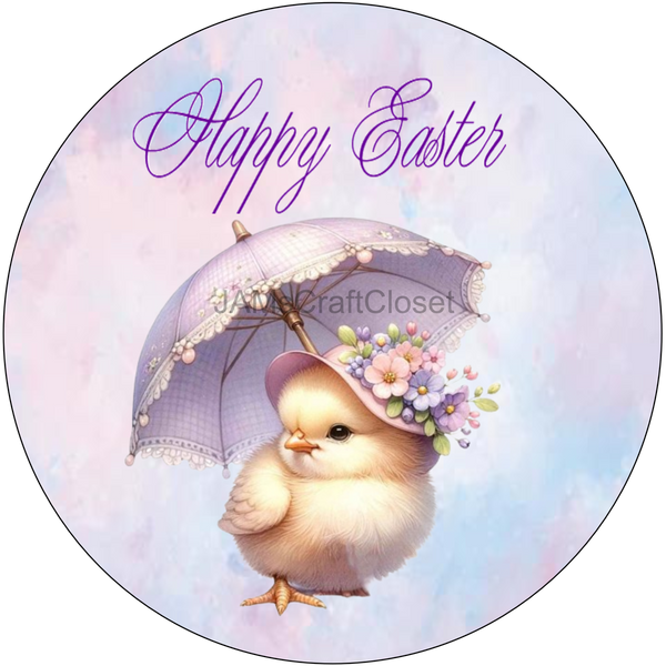 ROUND DIGITAL Graphic Design CHICK WITH UMBRELLA - HAPPY EASTER Sublimation PNG SVG Country Farmhouse Home Decor Sign Shelf Sitter Wall Art Decor Wreath EASTER Design Gift Crafters Delight