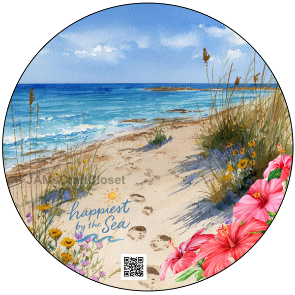 DIGITAL ROUND Graphic Design - HAPPIEST BY THE SEA - Beach Coastal Decor Wedding Gift HOME DECOR Sublimation Decoupage PNG SVG PDF JPEG Wall Art Shelf Sitter Gift Crafters Delight - JAMsCraftCloset