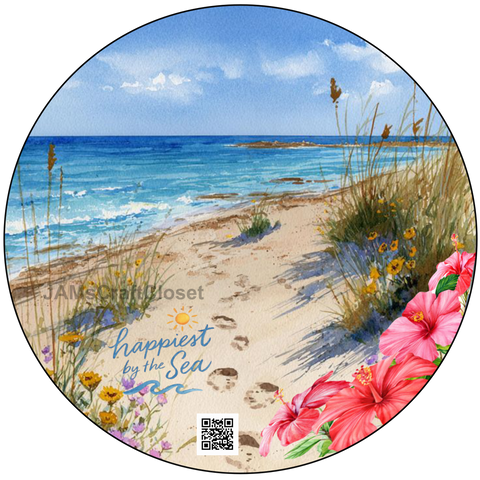 DIGITAL ROUND Graphic Design - HAPPIEST BY THE SEA - Beach Coastal Decor Wedding Gift HOME DECOR Sublimation Decoupage PNG SVG PDF JPEG Wall Art Shelf Sitter Gift Crafters Delight - JAMsCraftCloset