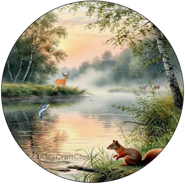 ROUND Digital Graphic Design HUNTERS AND FISHERMENS DELIGHT Lake Scene With Animals First Home Sublimation Decoupage PNG SVG Country Farmhouse Home Decor Wall Art Shelf Sitter Gift Crafters Delight - JAMsCraftCloset