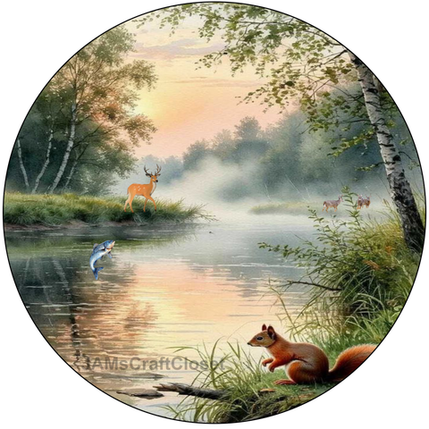 ROUND Digital Graphic Design HUNTERS AND FISHERMENS DELIGHT Lake Scene With Animals First Home Sublimation Decoupage PNG SVG Country Farmhouse Home Decor Wall Art Shelf Sitter Gift Crafters Delight - JAMsCraftCloset